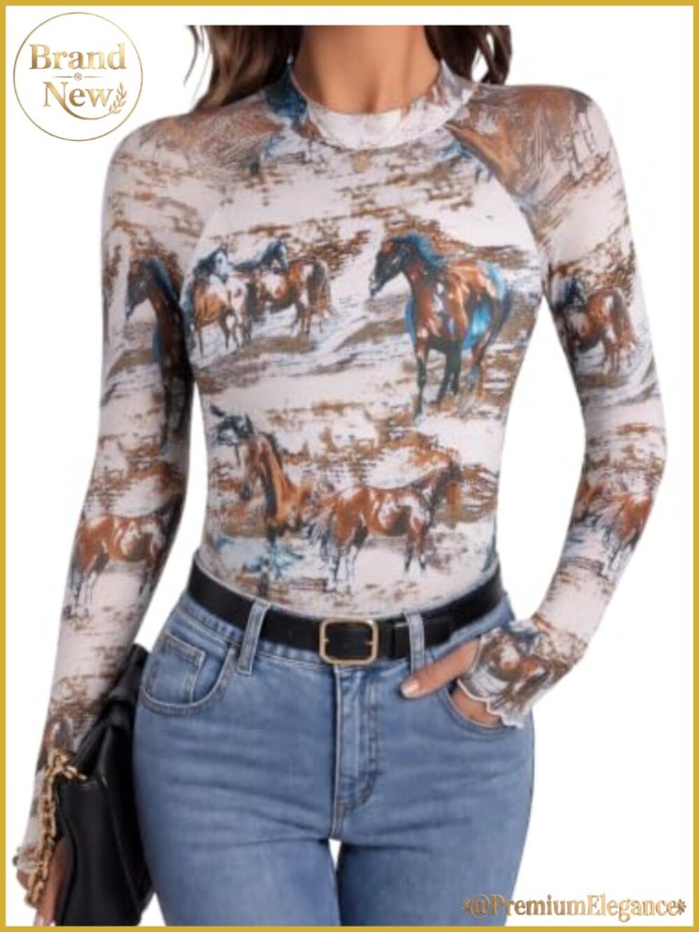 Sheer Mesh Mock Neck Long Sleeve Blouse Fitted Top